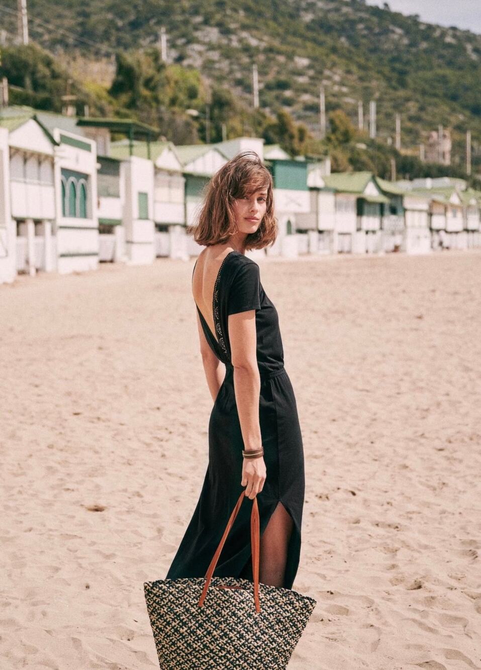 Sezane Lucille Black Cotton Midi Dress Size Medium NWT French Casual